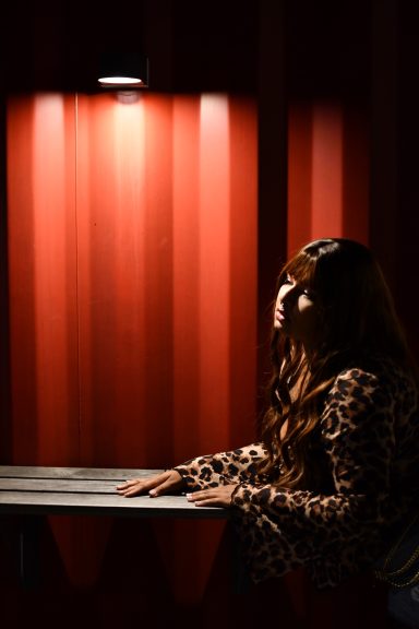 Girl Posing under Light A person with long hair sits at a table, illuminated by a warm light against a red backdrop.